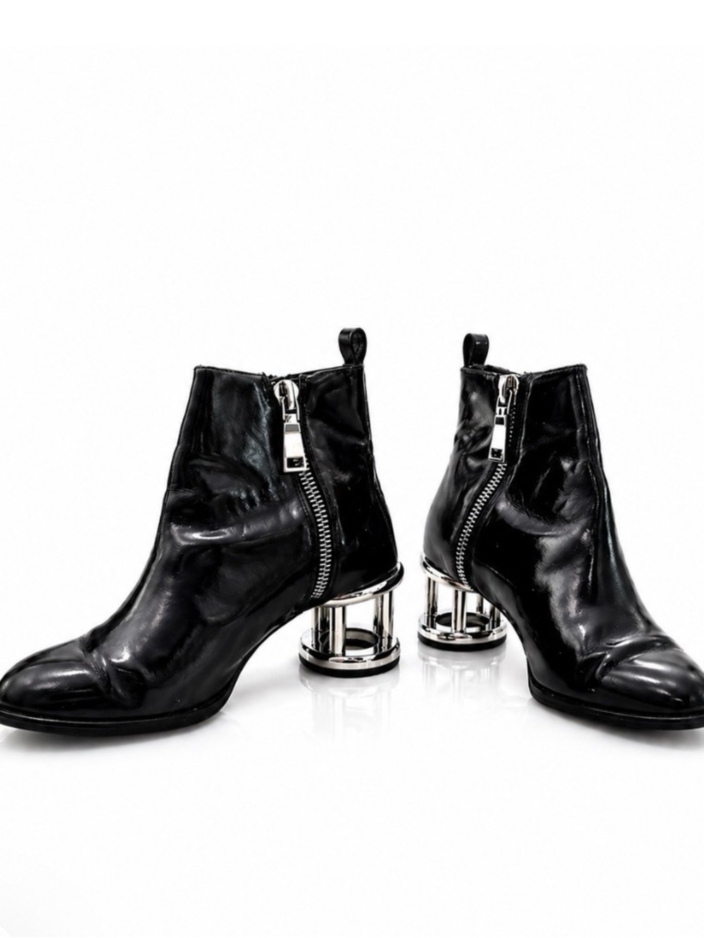 Jeffrey Campbell Black Patent Cage Heel Ankle Boots | Statement Designer Booties